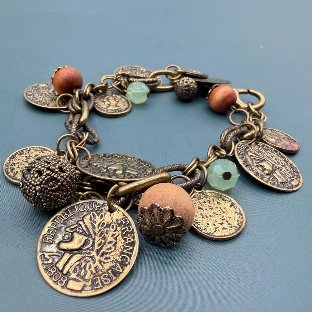 French Coin Charm Bracelet Antique Gold Tone Wood Beads Green Crystal Boho Gift